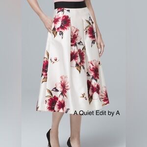 White House Black Market ivory floral A-line skirt red flowers